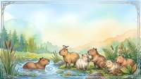 Capybara family relaxing by tranquil lake surrounded by lush vegetation and mountains. Peaceful wildlife scene with multiple rodents in natural habitat.