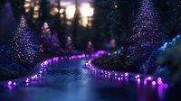 Magical winter forest path illuminated with glowing purple and blue lights creating enchanted atmosphere at dusk, decorated trees line snowy walkway.