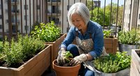 Senior Asian woman gardening on urban balcony with raised beds, planting herbs in terracotta pot, sustainable living and organic home growing concept.