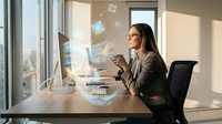 Young Asian businesswoman working on laptop in modern office with coffee cup, natural sunlight streaming through windows creating productive workspace atmosphere.