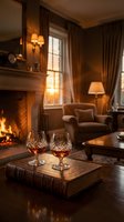 Cozy living room interior with fireplace, crystal brandy glasses on vintage book, warm lighting and elegant furniture for luxury home design concepts.