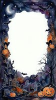 Halloween watercolor frame with spooky elements, pumpkins, bats, haunted house, moon and stars on white background for seasonal design projects.