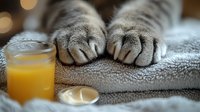 Close up of gray cat paws resting on soft towel next to glass of orange juice and candle, creating cozy home atmosphere with bokeh lights in background.