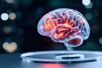 Glowing translucent brain model with orange and blue illumination on metallic surface against dark background with bokeh lights, showing detailed neurological structure.