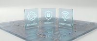 Transparent glass panels with automation, security, and connectivity icons standing on circuit board representing digital technology and smart systems integration.