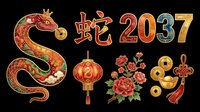 Ornamental red and gold snake with lantern, peonies, and traditional knots isolated on transparent background, ready for t-shirt design, stickers, sublimation, print-on-demand products and clipart.