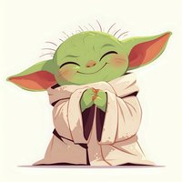 Green alien character in beige robe with large ears showing happy expression and closed eyes, cartoon style illustration on light background. Isolated artwork for merchandise.