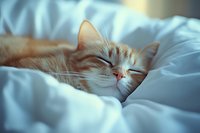 Peaceful ginger cat sleeping soundly on white bedding, wrapped in soft morning light, creating cozy and serene atmosphere for lifestyle and pet photography.