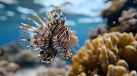 Majestic lionfish swimming near coral reef in tropical waters, displaying vibrant striped pattern and venomous spines against blurred underwater background.