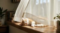 Ginger and white cat relaxing on wooden windowsill in sunlight filtered through sheer curtains, peaceful indoor scene for home decor and lifestyle content.