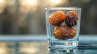 Sweet dried dates in clear glass on blue surface with soft bokeh background, natural healthy snack for wellness and nutrition lifestyle.