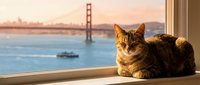 Orange tabby cat sitting on windowsill overlooking bay with red suspension bridge at sunset, cozy indoor pet scene for home decor and lifestyle content.