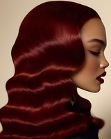 African American woman with luxurious burgundy wavy hair in retro Hollywood style, dark red lips, and closed eyes against beige background. For beauty and fashion advertising.