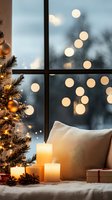 Cozy Christmas window scene with decorated tree, glowing candles, and gift box on windowsill against bokeh lights background at twilight.