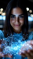 Young woman with glowing magical blue light effect emerging from hands against dark background with bokeh lights, expressing wonder and enchantment.