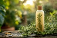Natural rosemary essential oil bottle with fresh herbs on wooden surface in sunlit garden setting for aromatherapy and wellness applications.