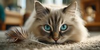Adorable fluffy kitten with striking blue eyes lying on soft carpet in cozy home interior, perfect for pet care and animal lover content.