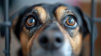 Close up portrait of mixed breed dog behind cage bars showing sad expressive brown eyes and black nose, animal shelter or rescue concept highlighting pet adoption.