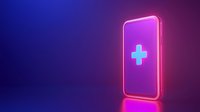 Glowing neon smartphone with medical cross symbol on purple gradient background, modern healthcare technology concept for mobile medicine apps.