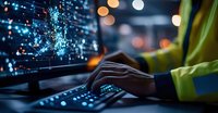 Professional trader analyzing financial charts and market data on multiple screens in dark office with blue glow from monitors and bokeh lights.