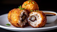 Deep fried mushroom rice balls with crispy golden coating and creamy interior served on white plate with dark sauce and fresh herbs garnish on black background.
