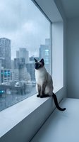 Siamese cat sitting on windowsill gazing at rainy cityscape with skyscrapers, urban pet lifestyle and contemplative mood for home decor and animal themes.