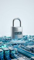 Digital padlock with secure label floating above futuristic circuit board representing cybersecurity data protection and network safety technology.