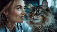 Young female veterinarian with stethoscope examining fluffy Maine Coon cat during checkup. Close up portrait showing caring interaction and professional pet care.