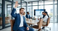Confident businessman raising hand during team meeting in modern glass office with colleagues discussing project on presentation screen.