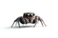 Curious jumping spider with large eyes and fuzzy legs isolated on white background, macro photography showing detailed texture of arachnid's face and body.