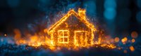 Glowing house silhouette made of magical fire sparks against dark blue bokeh background, creating mystical winter holiday atmosphere and cozy warmth feeling.
