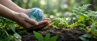 Hands protecting small Earth globe above fertile soil with green plants, symbolizing environmental conservation and sustainable future for our planet.