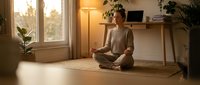 Young woman practicing mindfulness meditation in cozy home office during golden hour sunset with plants and warm lighting for wellness and mental health.