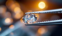 Brilliant diamond held in tweezers with warm bokeh lights in background, showcasing luxury jewelry craftsmanship.