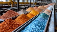 Colorful mineral fertilizer granules in bulk storage containers at agricultural warehouse, rows of different nutrients and soil supplements for farming industry.