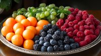 Fresh seasonal fruits arranged on decorative silver platter including oranges, green grapes, blueberries, raspberries and blackberries in vibrant colors against dark background.