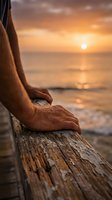 Close-up of person's hand resting on weathered wooden pier rail during golden sunset over calm ocean waters. Serene coastal scene for relaxation and travel concepts.
