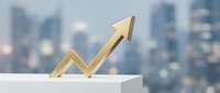 Golden arrow pointing upward with growth chart symbol on white platform against blurred cityscape, representing business success, financial growth, and market expansion.