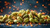 Green cardamom pods scattered on dark surface with glowing orange bokeh lights in background creating magical spice photography atmosphere for culinary designs.