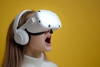 Young woman wearing virtual reality headset and headphones expressing amazement with open mouth against yellow background, modern gaming technology.