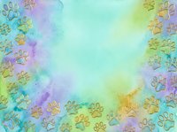 Colorful watercolor background with paw prints border in pastel rainbow hues, ideal for pet-related designs, greeting cards, and animal-themed projects.