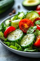 Fresh garden salad with sliced cucumber, cherry tomatoes, avocado and mixed greens on gray plate, seasoned with herbs and spices, close up view.