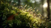 Dew drops glistening on vibrant green moss in morning sunlight, creating magical bokeh effect in forest undergrowth.