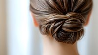 Elegant low bun hairstyle with smooth twisted sections of brown highlighted hair shown from behind, styled for special occasions and formal events.