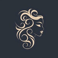 Elegant female profile silhouette with flowing curly hair design in beige color on dark background, suitable for beauty salon and cosmetic branding.