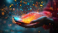 Magical glowing particles and colorful sparkles float above an open palm against dark background, creating ethereal atmosphere of wonder and enchantment.