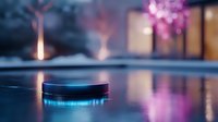 Modern smart home device with blue LED lights floating on water surface creating ambient lighting reflections for luxury interior design and technology concepts.
