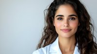 Young Hispanic female medical professional with long dark wavy hair and natural makeup wearing white lab coat smiling confidently against light background.