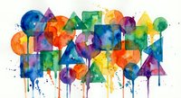 Abstract watercolor geometric shapes in vibrant rainbow colors with paint drips on white background for modern art design projects.
