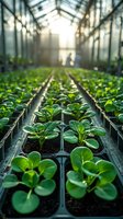 Young green seedlings growing in organized rows inside modern greenhouse with natural sunlight streaming through glass roof for sustainable agriculture.